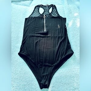 Black Bodysuit with Front Zipper and Upper Body Netting | Size Medium